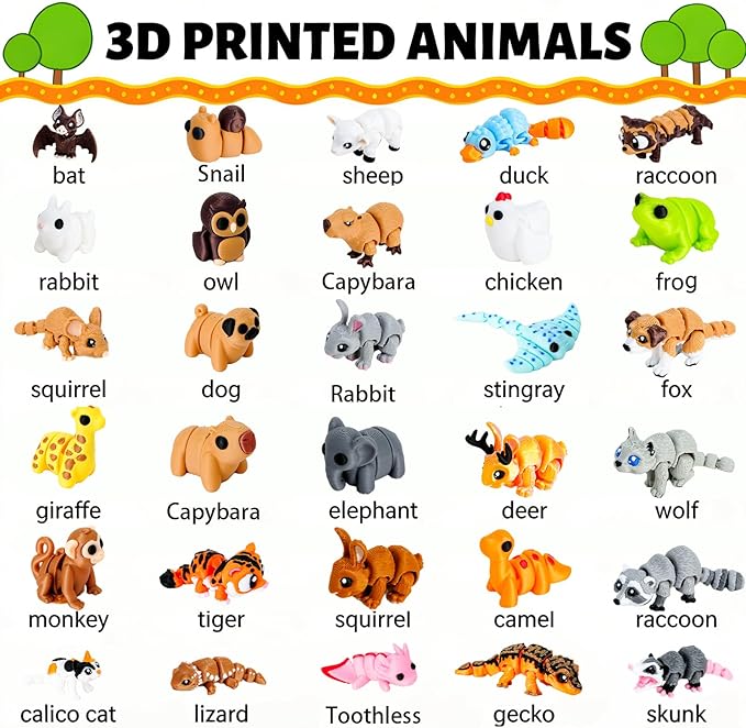 30 Pcs Mini 3D Printed Animal Statues Figurines Set Movable Joints Surprise 3D Printed Animals Cute Desk Decor Party Favors for Adults Home Office Desk Decoration Display