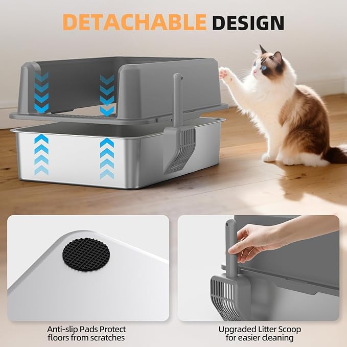 WoofiGo Enclosed Stainless Steel Cat Litter Box with Lid, XL Extra Large Litter Box for Big Cats, Metal Litter Pan High Sided, Never Absorbs Odors, Anti-Urine Leakage, Include Scoop (65-LightGray)