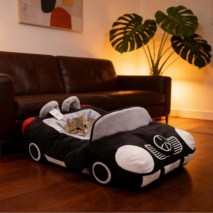 Sports Car Shaped Pet Dog Cat Bed, Fashionable Deluxe Cozy Cute Car Pet Bed Design, Soft Upholstered Plush Sofa, Durable Washable Anti-Slip Bottom Dog Beds (Contains Cushion) (Black)