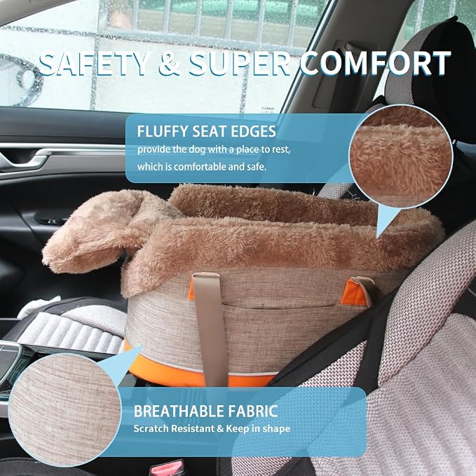 Pet Car Center Console Elevated Armrest Car Seat for Small Puppy, Dogs & Cats (Up to 10 lbs) – Dark Gray Washable Plush Carrier with Safety Leash, Fits Front Vehicle Console Space (Khaki)