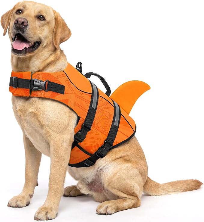 Dog Life Jacket High Flotation, Reflective Dog Life Vest for Swimming, Adjustable Dogs Life Preserver Rescue Handle Spring Summer Pool for Small, Medium, Large Dogs (OrangeLines,XXL)