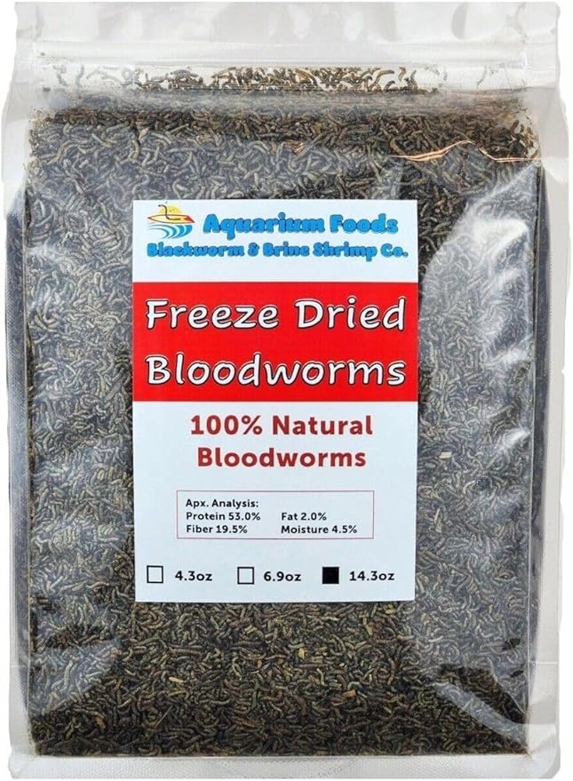 Aquatic Foods Inc. Bloodworms, Premium Grade Freeze Dried Bloodworms for All Tropical Fish, Cichlids, Discus, Tetras, Goldfish, Bettas, Angel Fish, Marine Fish, Carnivorous Plants - 14.3oz Clear Bag