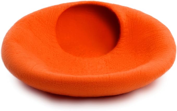 Luxurious Merino Wool Cat Cave - Foldable Hideaway Pod for Indoor Cats - Premium Felt Kitten Pet Enclosure - Covered Cat House for Ultimate Cozy Comfort by Woolygon (Orange Plain)