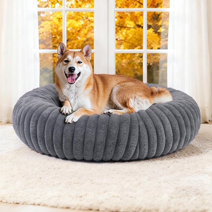 Calming Dog Bed Anti-Anxiety Donut Dog Beds for Small Medium Large Dogs,Washable Plush Fluffy Indoor Cat Kitten Round Cuddler Cushion (Deep Grey, Large-34 inch)