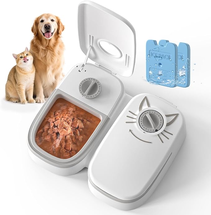 Automatic 2-Meal Cat Feeder - 48H Timed Wet Cat Food Refrigerated Dispenser with 2 Ice Packs for Puppies and Kittens in Yogurt and Canned