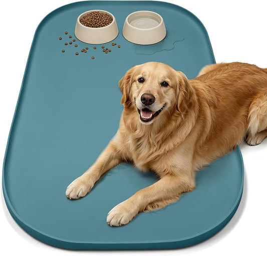 SMILOOL Waterproof Silicone Pet Food Mat with Raised Edge for Dog & Cat | 36" x 24" Non-Slip Large Pet Feeding Mats with Lip for Food & Water Bowl, Food Grade, Easy Cleaning, Salte Blue