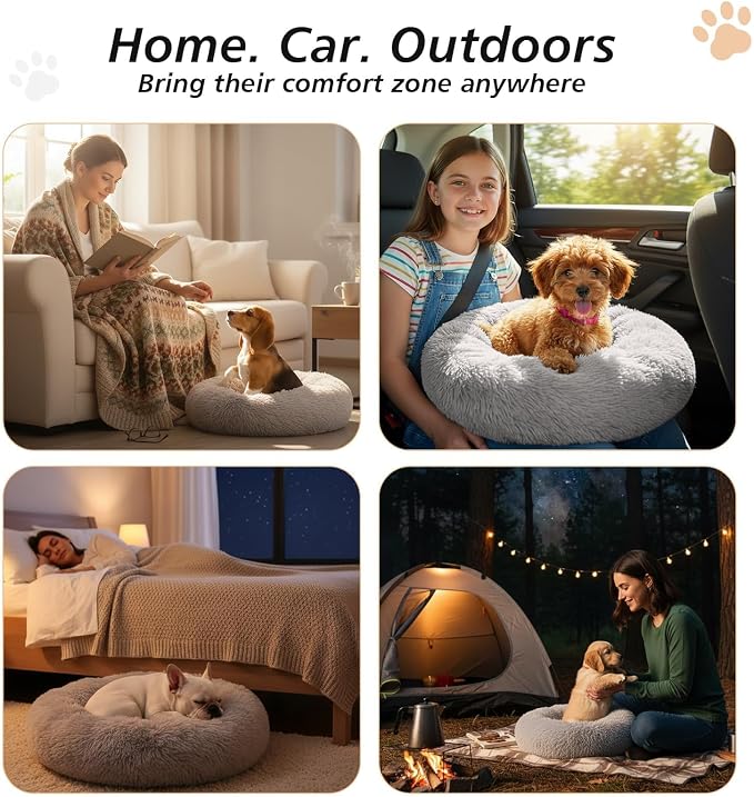 JOLLYVOGUE Calming Dog Bed Medium Size Dog, 31in Donut Washable Medium Pet Bed, Anti-Slip & Anti-Anxiety Fluffy Faux Fur Round Dogs Bed, Fits up to 45 lbs Pets (Smoke Grey)