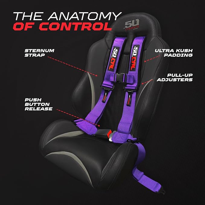 1pc 50 Cal Purple 4 Point Harness 2in Straps, Racing Harness Seat Belt | Ultra Kush padding, Push Button quick release hardware. Universal Fit for UTV, RZR, race car.