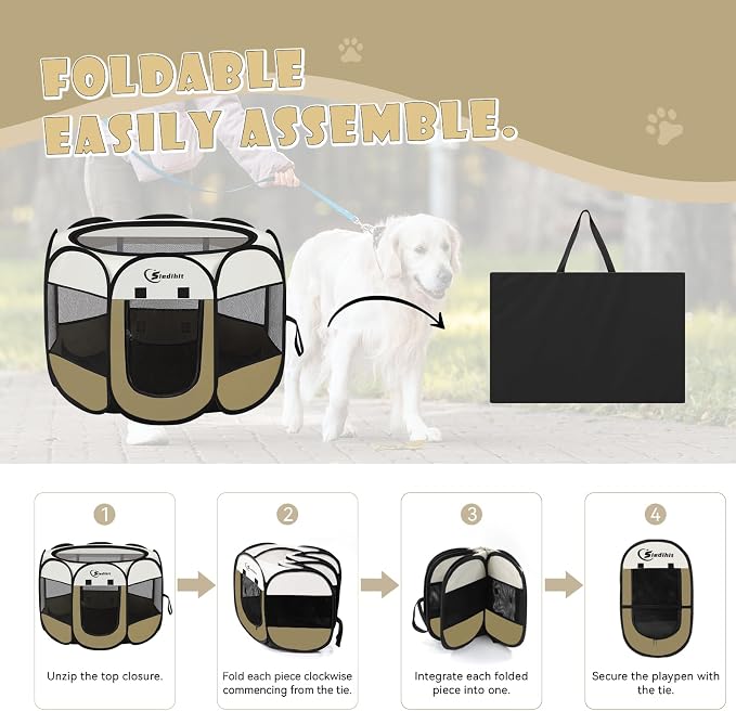 Siedihit Dog Cat Playpen, Medium Puppy Pet Playpen, Dog Crate Tent Cage | Indoor/Outdoor, Portable Pop Up Dogs Kennel Playpen with Carrying Case for Dogs/Cats/Rabbits (Khaki,Medium)