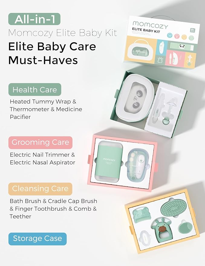 Momcozy Elite Baby Kit, Superior Baby Shower Gift & Registry Essential Kit | Grooming&Health&Cleansing Care Set,Electric Nail File & Nasal Aspirator,Tummy Wrap,Thermometer,Bath Brush,Teether,Storage Bag