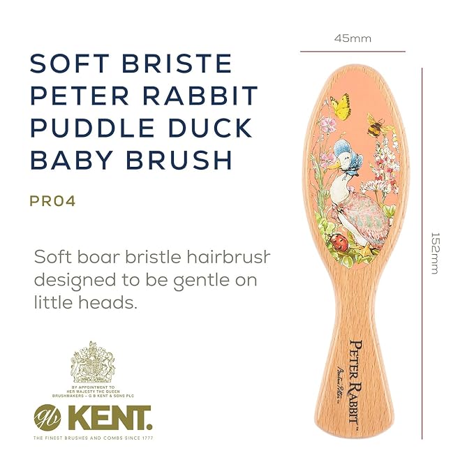 Kent Peter Rabbit Jemima Puddle Duck Baby Hair Brush and Comb Set, Soft Bristle Newborn Hair Brush, Wooden Beechwood Baby Brush Set for Fine Hair