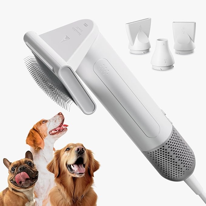 2 in 1 Grooming Kit for Pet-Dog Hair Dryer & Professional Grooming Brush for Frizzy Dog Hair Styling-1.21lb Lightweight Handhold Portable High Velocity Force Blower+4 Replacement Nozzle at Home Travel