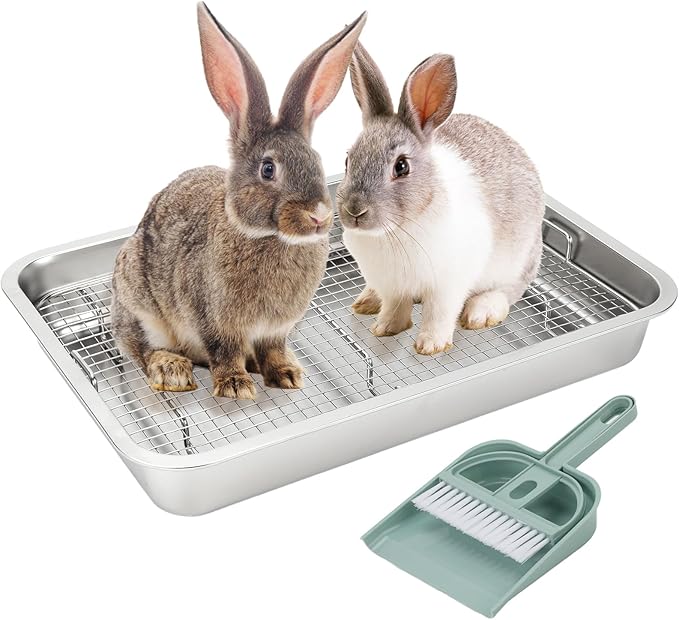 FHTONGE Extra Large Stainless Steel Rabbit Litter Box for Cage, Steel Litter Pan for Guinea Pig Ferret Rat Chinchilla Hedgehog Hamster, Rectangular Metal Bunny Potty Trainer Tray Pet Toilet Traine