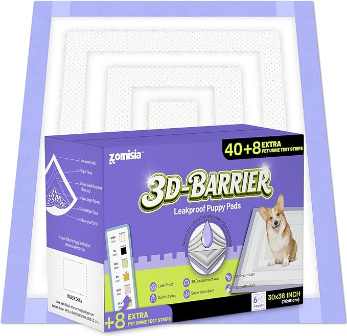 ZOMISIA 3D-Barrier Puppy Pee Pads for Dogs, 18 Cups Absorb & Rise Puffy Gel-Wall Leak-Proof, 30"x36" 40 Counts + 8 Pet Urine Test Strips, Super Absorbent Disposable Potty Training Pads