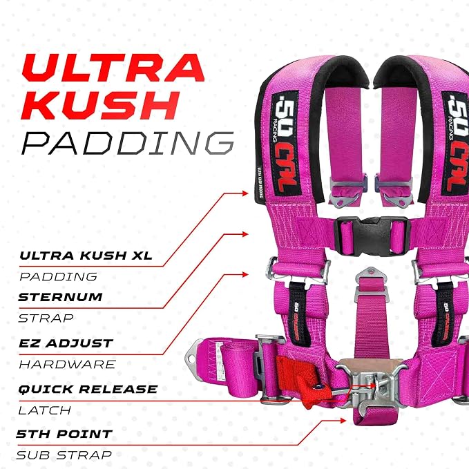 1pc 50 Cal Pink 5 Point Harness w/ 2" straps, Racing Harness Seat Belt | Ultra Kush padding, Race latch quick release hardware. Universal Fit for UTV, RZR, race car. Part# 6009A2