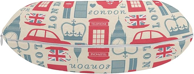 Ambesonne London Travel Pillow Neck Rest, Popular British Culture Elements Retro Colors Flag Patterned Hearts, Memory Foam Traveling Accessory for Airplane and Car, 12", Coral Bluegrey