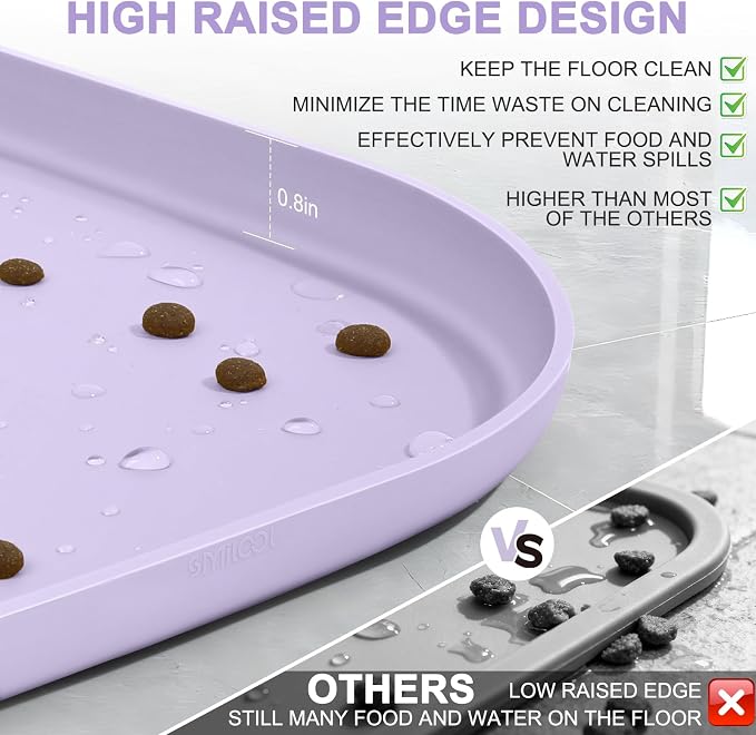 SMILOOL Waterproof Silicone Pet Food Mat with Raised Edge for Dog & Cat | 24" x 16" Non-Slip Pet Feeding Mats with Lip for Food & Water Bowl, Food Grade, Easy Cleaning, Light Purple