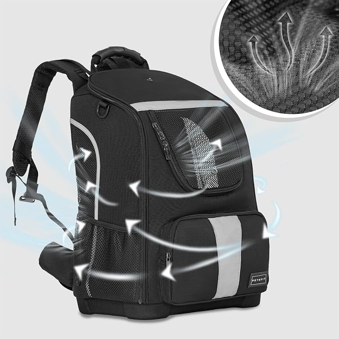 Petsfit Pet Dog Carrier Backpack with Upgraded Weight Reduction Design, Cat Dog Backpack with Large Ventilations, Easy-Fit for Traveling Hiking Camping for Small Medium Dogs and Cat, Black