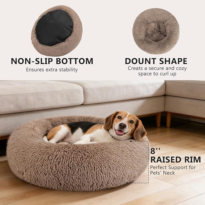MIXJOY Orthopedic Dog Bed Comfortable Donut Cuddler Round Pet Beds Ultra Soft Washable Dog and Cat Cushion Bed (20''/23''/30'') (30'', Brown)