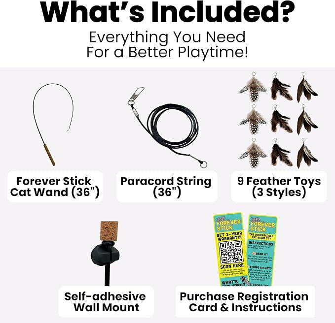 Forever Stick and 9 Cat Feather Toy Refills - The Unbreakable Cat Wand Toy, Durable Cat Toy Wand, Extra Long Cat String Toy, Cat Fishing Pole Toy for Bored Indoor Adult Cats, Cat Stick Toy