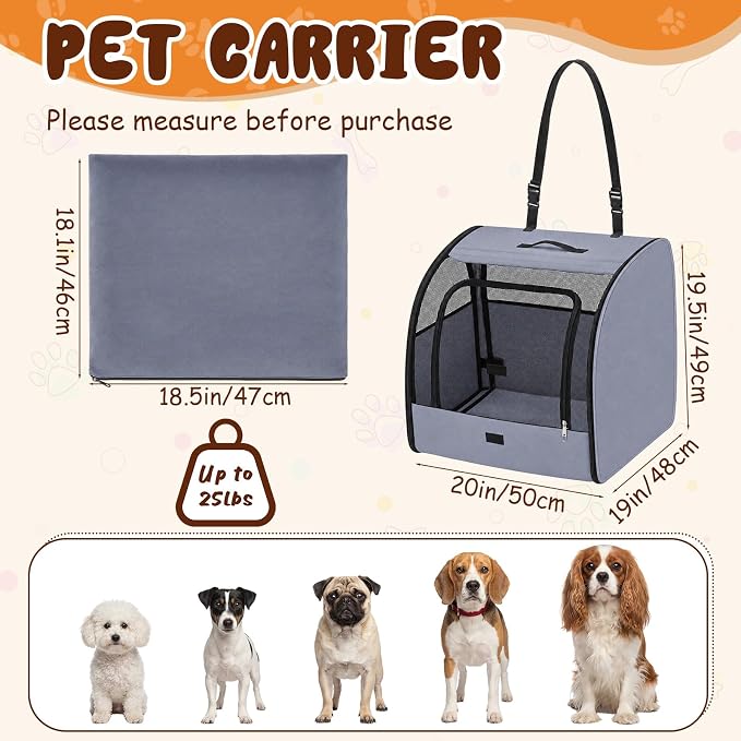 Dog Car Crate, Enclosed Foldable Cat Car Seat Carrier, 20x19x19.5in, Gray | Portable Dog Cat Carrier with Seatbelt Attachment & Headrest Strap, Soft-sided Pet Kennel with Bed for Pet Travel up to 25 lb