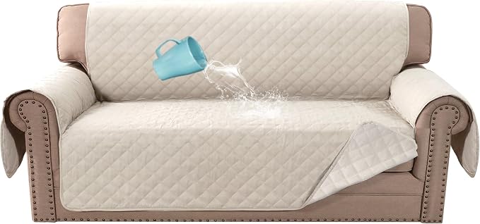 H.VERSAILTEX Couch Slip Cover, Loveseat Covers for 2 Cushion Couch, Dog Sofa Protector, Furniture Covers for Pets, 100% Waterproof Cover with Non-Skid Backing & Elastic Straps(Loveseat, Coconut Milk)