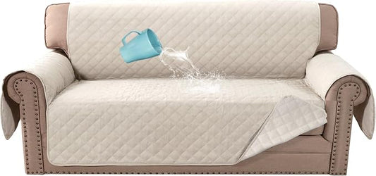 H.VERSAILTEX Couch Slip Cover, Loveseat Covers for 2 Cushion Couch, Dog Sofa Protector, Furniture Covers for Pets, 100% Waterproof Cover with Non-Skid Backing & Elastic Straps(Loveseat, Coconut Milk)