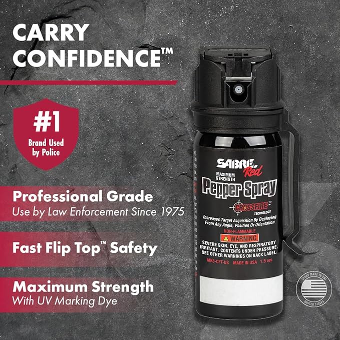 SABRE Crossfire Pepper Gel, Deploys At Any Angle, Maximizes Target Acquisition Against Multiple Threats, Belt Clip For Easy Carry, Fast Flip Top, Max Police Strength OC, Pepper Spray Option 1.5 fl oz