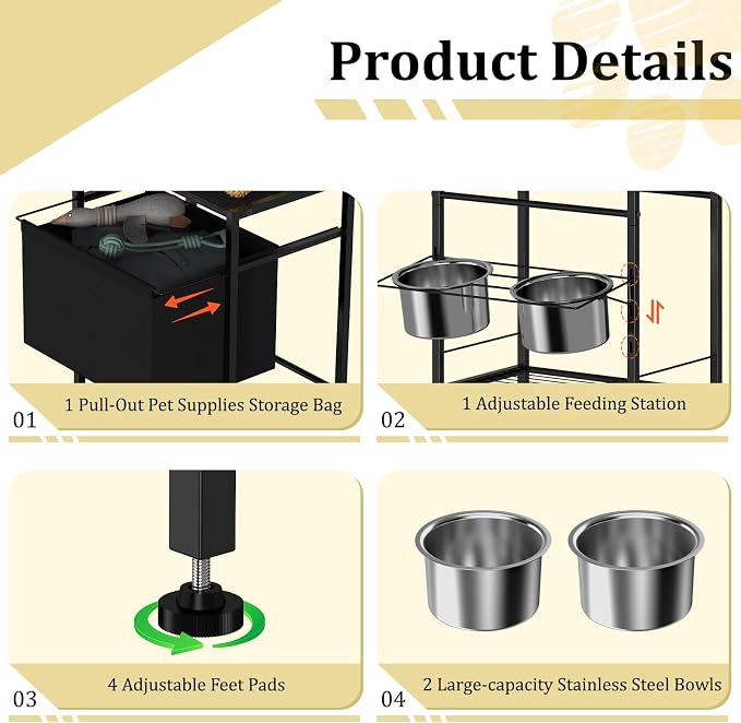 Raised Dog Bowl Stand with Storage Basket and Shelves, Height Adjustable | Dog Feeding Station with Pet Storage Organizer for Small Medium Large Dogs Cats, Black