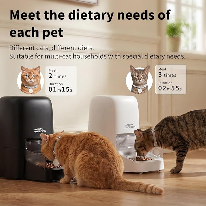 HoneyGuaridan RFID Automatic Cat Feeder,Collar Tag for Personalized Meal | 4.6L 5G WiFi Cat Food Dispenser with Cats Recognition,Diet Tracking and Anti-theft for Multi Pet Home and Different Diet