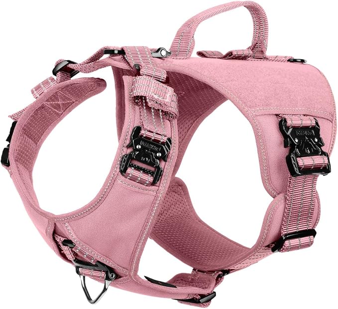 ICEFANG Quick-Moving Tactical Dog Harness for Large Dogs,No Pull Dog Vest | Control Handle,Reflective,Full Metal Buckles,Adjustable,Hook-and-Loop Panel,Soft Padded,Pink,Large