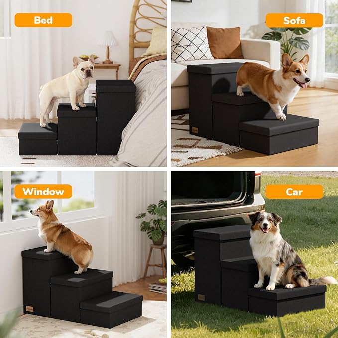 3-Step Wide Dog Stairs with Storage 18" H, Non-Slip Sturdy Pet Steps for High Bed Couch Window, Pet Stairs for Small/Medium/Large Old Dogs Cats Up to 200lbs, Cat Dog Steps for Car/SUV, Black