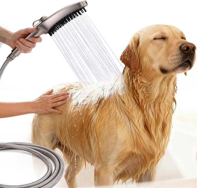 G-Promise 3 Mode Dog Shower Attachment with Pause Mode | High Pressure, Built-In Brush for Wash & Groom, Extra Long Hose, Easy Install, for Indoor & Outdoor Use