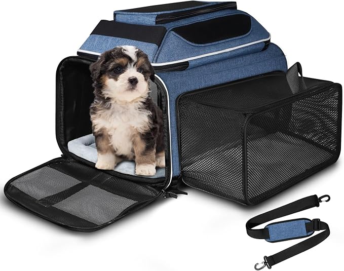 Petskd Top and Side Expandable Pet Carrier 18x11x11 Inches Delta United Airline Approved, Soft-Sided Carrier for Small Cats and Dogs with Locking Safety Zippers and Anti-Scratch Mesh(Blue)