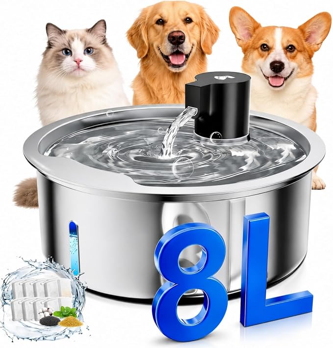 Dog Water Fountain, 8L/2.1 Gal Stainless Steel for Large Dogs & Multi-Pet | Large Dog Water Bowl Dispenser, Quiet Pump, Replacement Filters, Easy Cleaning, Water Level Window, Long Lifespan, Indoor Use