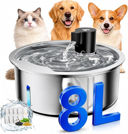 Dog Water Fountain, 8L/2.1 Gal Stainless Steel for Large Dogs & Multi-Pet | Large Dog Water Bowl Dispenser, Quiet Pump, Replacement Filters, Easy Cleaning, Water Level Window, Long Lifespan, Indoor Use