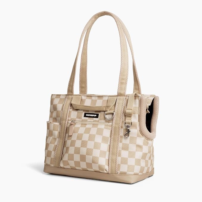 Transit Tote Dog Carrier for Small Dogs Under 8 lbs, 16x11x8 Soft-Sided 4-Pc Set with Waterproof Base, Plush Insert, Food Pouch, Mesh Head Opening - Small, Checkerboard