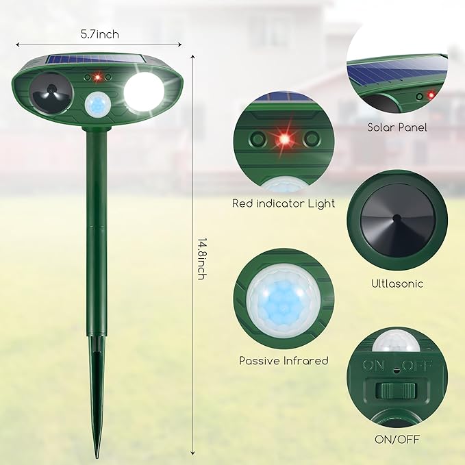 4 Pack Solar Ultrasonic Animal Repellent Animal Deterrent Devices Outdoor IP65 Waterpfoof with Motion Sensor & Strobe Light- Keep Deer,Cats,Squirrels,Dogs,Raccoons,Rabbits,Skunks Away from Garden Yard