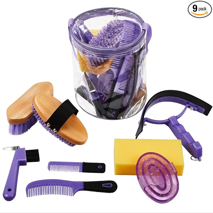 Cunhill 9 Pcs Horse Grooming Kit with Bag Curry Brushes,Cute,Purple | Complete Grooming Set for Horses, Hard Soft Brushes, Hoof Pick, Sweat Scraper, Sponge, Comb, Portable Tote for Stable