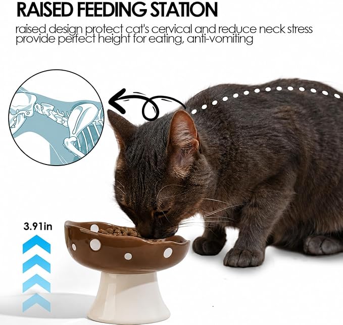 Brown Mushroom Cat Bowl, Elevated Ceramic Bowl for Cats | Cute, Elevated, Ceramic, Whisker Friendly, Dishwasher Safe