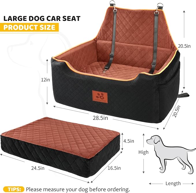 XIEEAOZEE Dog Car Seat for Large/Medium Pet Under 55Lbs or 2 Small Dogs | Detachable and Washable Booster Dog Seat Travel Pet Seat with Thick Cushion & Storage Pockets
