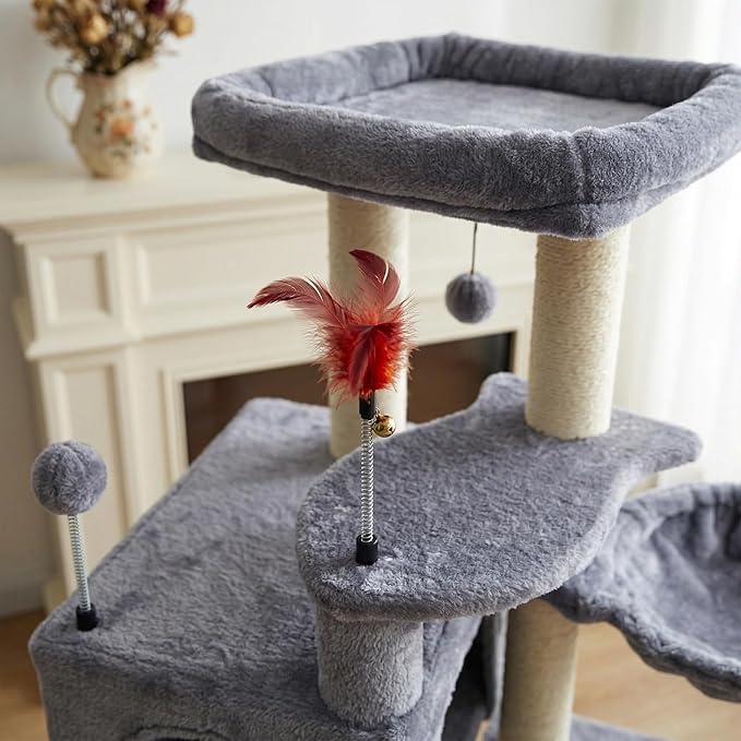 AIWIKIDE 36.6'' Multifunction Cat Tree with Cozy Hammock & Hanging Ball, Cat Tower with Activity Cat Condo & Jute-Covered Scratching Posts, Grey