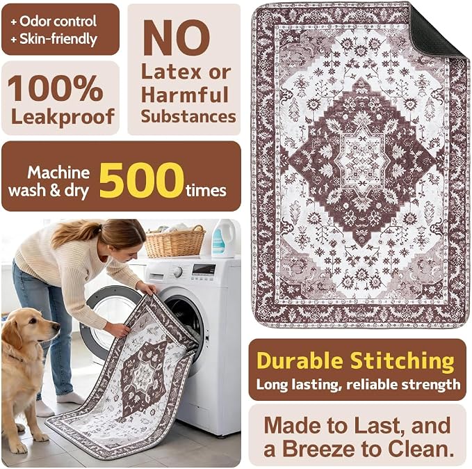 Washable Pee Pads for Dogs, 2 Pack Reusable Puppy Training Pads 60"x48" Super Absorbent Waterproof Dog Training Pads, Non-Slip Potty Pads, Whelping Pads Litter Mat Light Brown Medallion