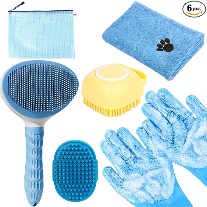 Bath Grooming Kit with Hair Brush, Towel & Scrubber Gloves - 6-in-1 Slicker Brush for Shedding Dogs & Cats, Blue