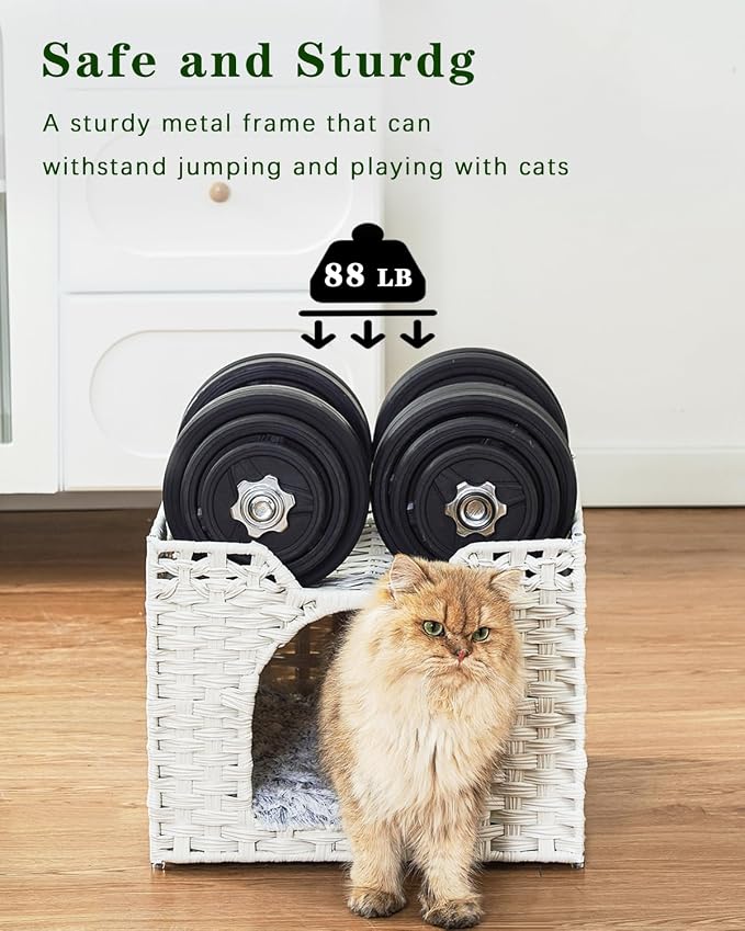 SETVSON Cat Beds Indoor Kitten House, Handwoven Rattan Cave, White | 2-in-1 Kitty Condo with Top Perch & Bottom Cave, Furry Canvas Dual Cushion, 2 S-Hooks, Steel Frame, 16.5x16.5x13.2 In