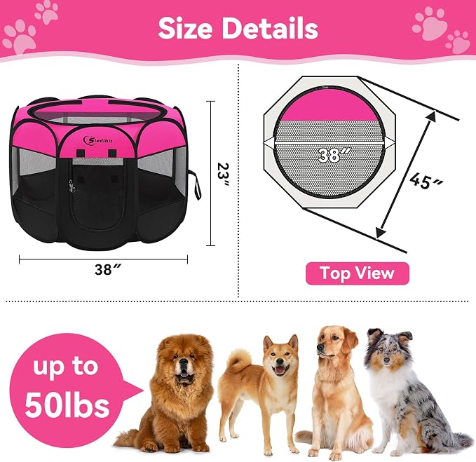 Siedihit Dog Cat Playpen, Large Puppy Pet Playpen, Dog Crate Tent Cage | Indoor/Outdoor, Portable Pop Up Dogs Kennel Playpen with Carrying Case for Dogs/Cats/Rabbits, Hot Pink