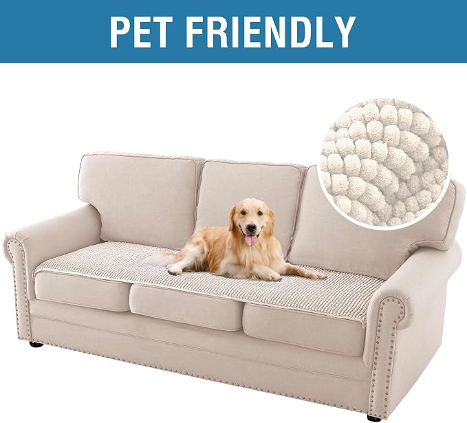H.VERSAILTEX Plush Chenille Couch Cover for 3 Cushion Couch Anti Slip Washable Sofa Slipcovers Soft and Durable Furniture Protector for Dogs Cats Kids (27.5" x 82", Ivory)
