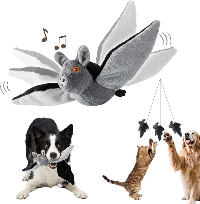 Flying Bat Dog Toy, Interactive Flying Bat Toy for Dogs with Flapping Wings, Chirping Sounds, USB Rechargeable, Touch Activated, Hanging or Floor Toy for Dogs, Puppies and Cats to Reduce Boredom，3 PCS