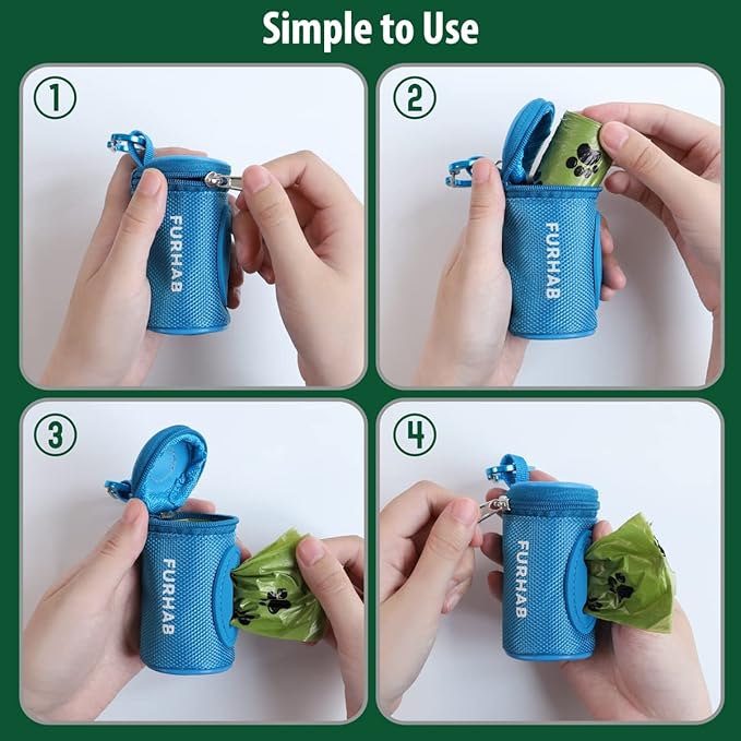 FURHAB Dog Poop Bag Holder for Leash Doggie Waste Bag Dispenser Soft Fabric Puppy Potty Carrier Small Doggy Zipper Pouch with Carabiner Clip 1680D Nylon Oxford with 1 Roll of Pet Trash Bags, Sky Blue