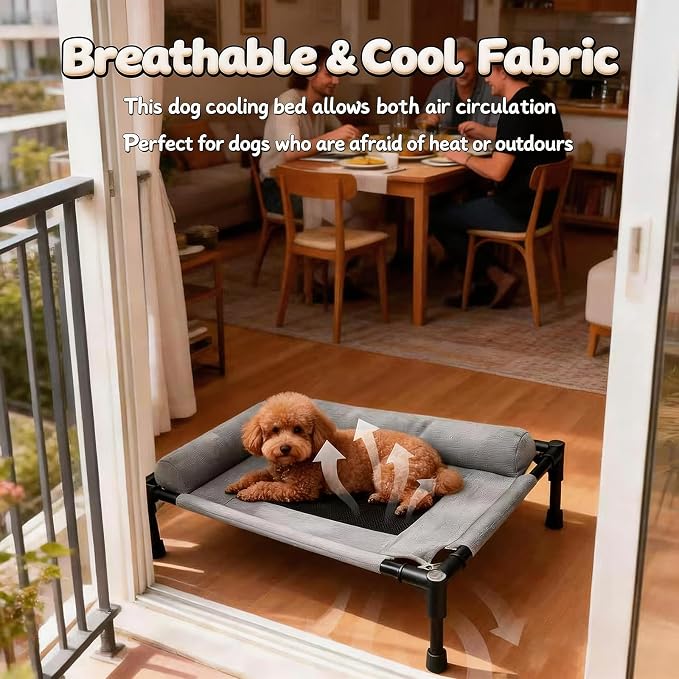 Raised Dog Beds for Small Dogs, Cooling Indoor Outdoor Elevated Bolster Dog Cot Hammock with Metal Frame Breathable Mesh, Portable Dog Sofa Camping Dog Bed (23.62" L x 15.75" W x 5.91" H)